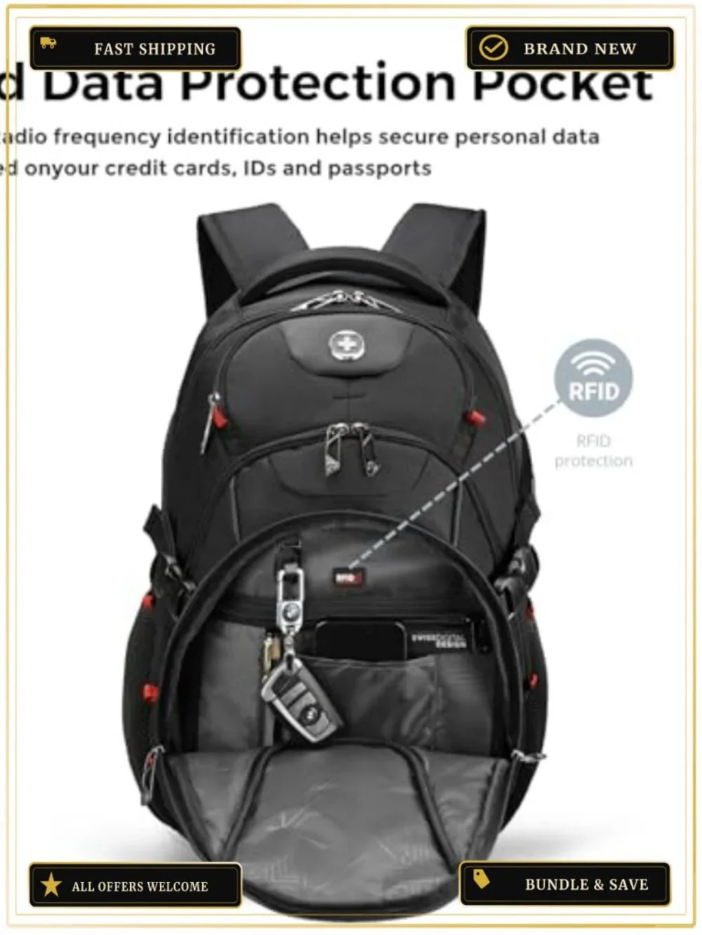 Swissdigital Design Laptop Backpack USB Charging Port Travel Backpack 15.6 Inch